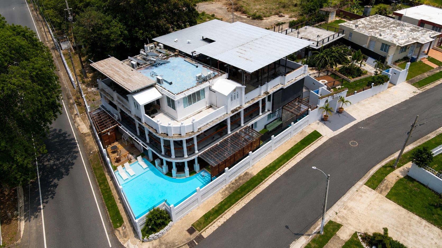 Aerial of the building and pool